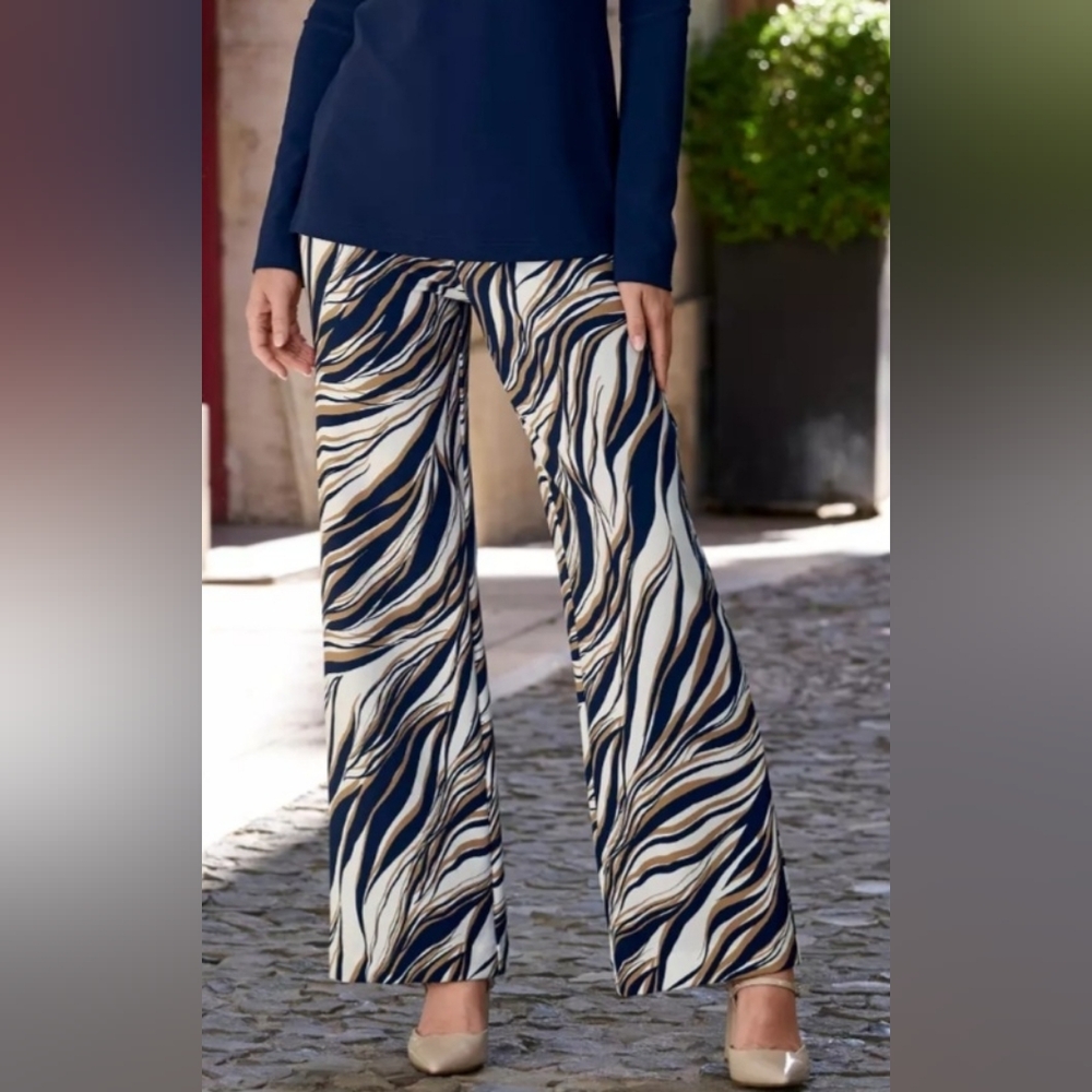Boston Proper Navy and White Swirl Wide Leg Pants